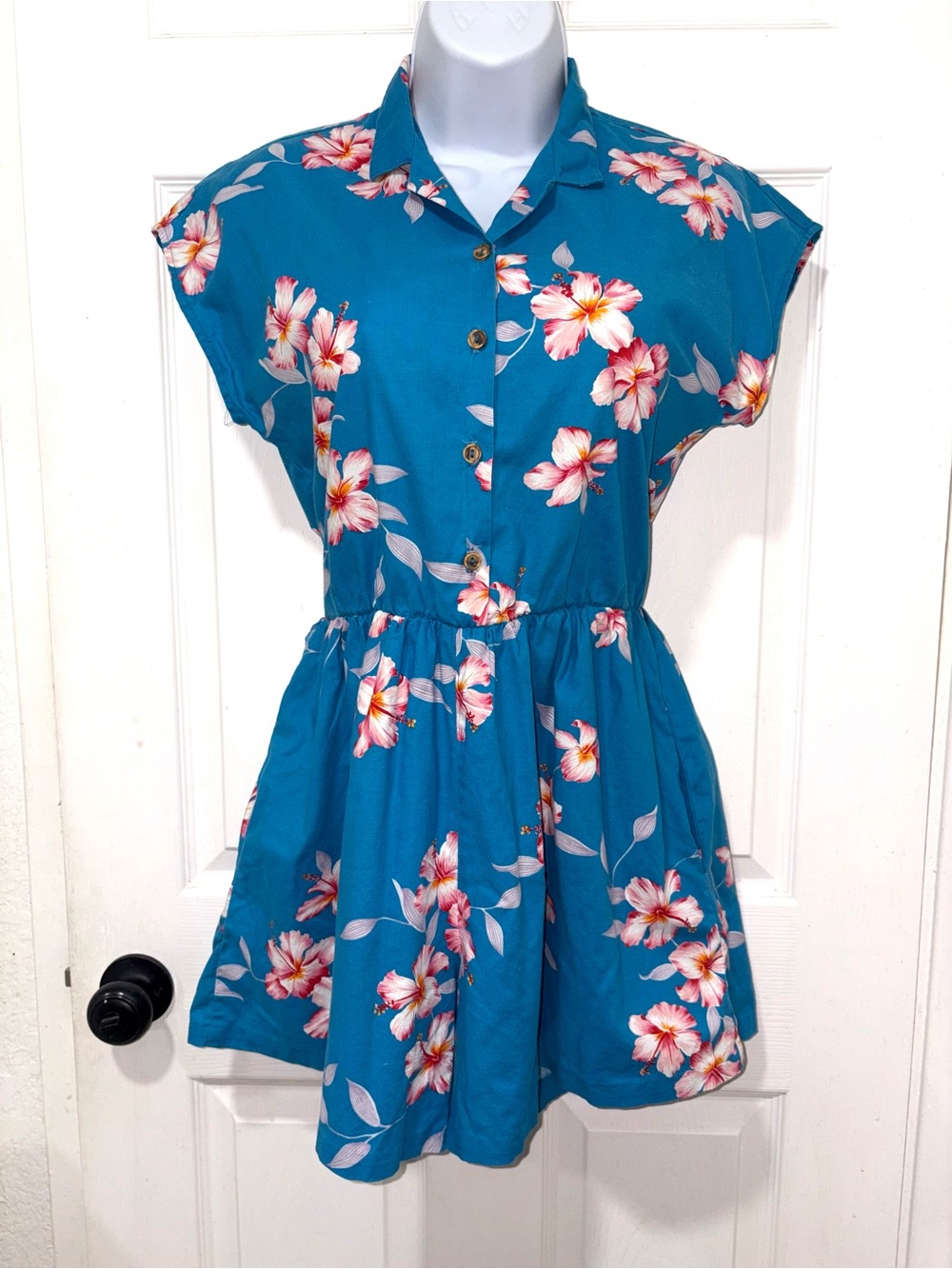 Barefoot in Paradise Vintage Blue Floral Button-Front Romper with Gathered Waist